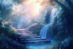 Tranquil waterfall cascades over stone steps in a serene forest setting photo