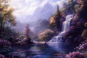 Serene mountain landscape with a waterfall and vibrant flora in spring photo