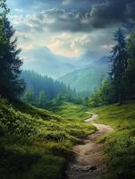 Serene winding path through lush green mountains during daylight photo