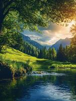 Tranquil river flows through lush green valley at sunset in the mountains photo