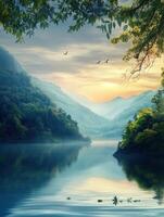 Tranquil morning at the mountain lake with birds flying above photo