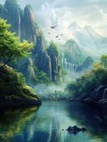 Majestic mountains and serene water reflections at dawn photo