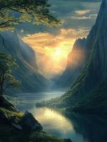 Sunrise illuminating a tranquil river valley surrounded by mountains photo