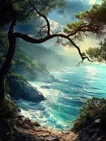 Serenity by the coastal cliffs at dawn with vibrant ocean waves photo