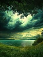 Calm waters reflect dramatic clouds above a serene lakeside landscape photo