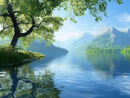 Tranquil lake surrounded by mountains and lush greenery on a clear day photo
