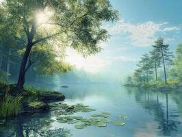 Peaceful lake surrounded by lush trees and tranquil water reflections at dawn photo