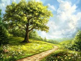 Tranquil rural landscape with a winding path and a large tree photo