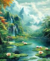 Serene landscape with waterfalls and lotus flowers in tranquil waters photo