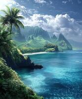 Stunning coastal view with lush mountains and clear blue waters in Hawaii photo