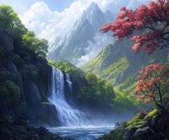 Majestic waterfall cascading through mountains with vibrant trees nearby photo