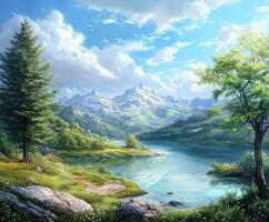 Majestic mountain landscape with serene lake and lush greenery in daylight photo