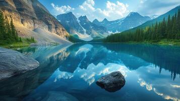 Serene mountain lake reflecting majestic peaks and vibrant trees at dusk photo