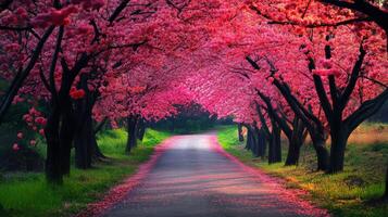Beautiful cherry blossom path creates stunning springtime atmosphere photo