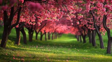 Cherry blossom trees line a peaceful pathway in springtime bloom photo
