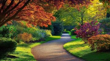 Vibrant garden path surrounded by colorful autumn foliage in a serene landscape photo