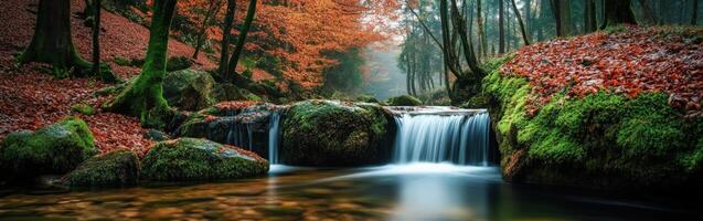 Autumn waterfall flowing through a tranquil forest with colorful foliage photo