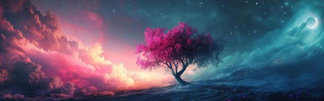 Vibrant pink tree contrasts against starry night and colorful clouds photo