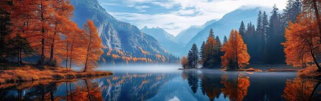 Autumn landscape with vibrant trees reflecting in calm lake waters at sunrise photo