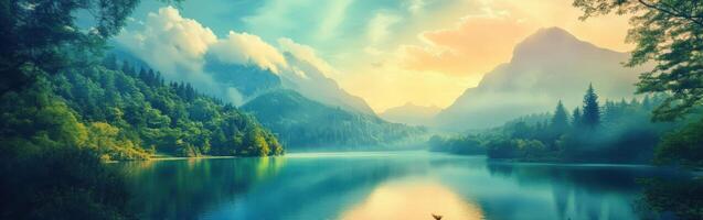 Serene lake reflecting mountains during early morning light in nature photo