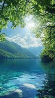 Tranquil lake surrounded by lush mountains on a sunny day photo