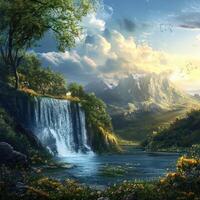 Majestic waterfall cascading into a serene lake surrounded by mountains photo