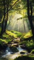 Sunlight filters through trees in a serene forest with a flowing stream photo