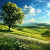 Beautiful peaceful meadow under a blue sky with lush greenery and mountains photo