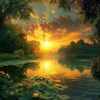 Stunning sunset over tranquil lake with lotus flowers in the foreground photo