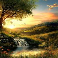 Tranquil sunset over a serene landscape with a flowing stream photo