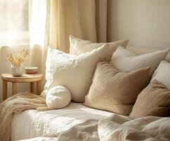 Cozy and serene bedroom scene with soft pillows and natural light photo