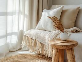Cozy living room corner featuring neutral tones and natural textures photo