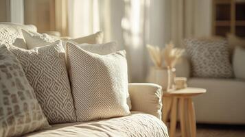 Cozy living room with soft cushions and warm natural light in the afternoon photo