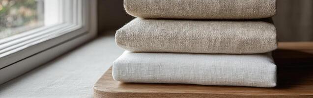 Stylishly folded linen textiles on a wooden tray by the window photo