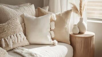 Cozy living room setup featuring decorative cushions and minimalist decor photo