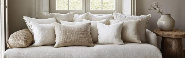 Cozy arrangement of decorative cushions on a neutral-toned sofa by a window photo