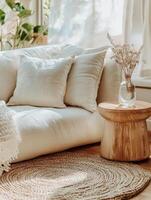 Cozy living room with comfortable sofa and natural decor elements photo