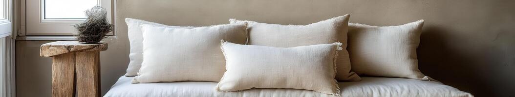 Cozy living room with neutral pillows and simple decor near a window photo