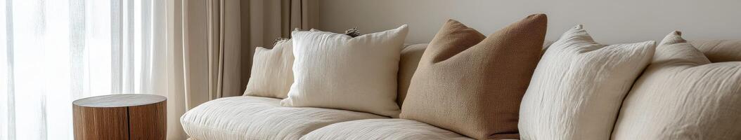 Cozy living room with neutral decor and soft cushions in modern design photo