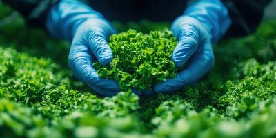 Freshly harvested lettuce held by gloved hands in a vibrant farm setting photo