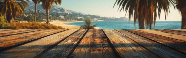 Experience serene coastal views from a wooden deck surrounded by palm trees photo