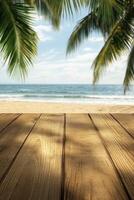 Beautiful beach view with palm trees and ocean waves under a clear sky photo