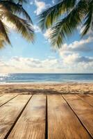 Tropical beach view with palm trees and wooden deck at sunny day photo