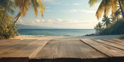 Serene beach view with wooden deck and palm trees at sunset photo