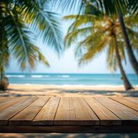 Beautiful tropical beach view with palm trees and wooden table photo