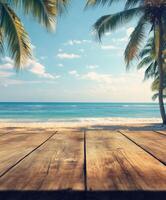 Relaxing beach view with wooden deck under palm trees and clear sky photo