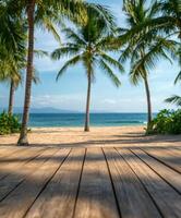 Serenity on a tropical beach with palm trees and clear blue skies photo