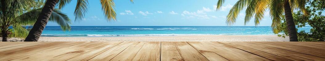 Serene beach view with palm trees and clear blue ocean under sunny sky photo