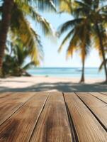 Relaxing beach view with wooden deck and palm trees on sunny day photo