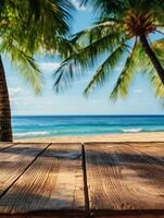 Tropical beach view with palm trees and ocean horizon in bright sunlight photo